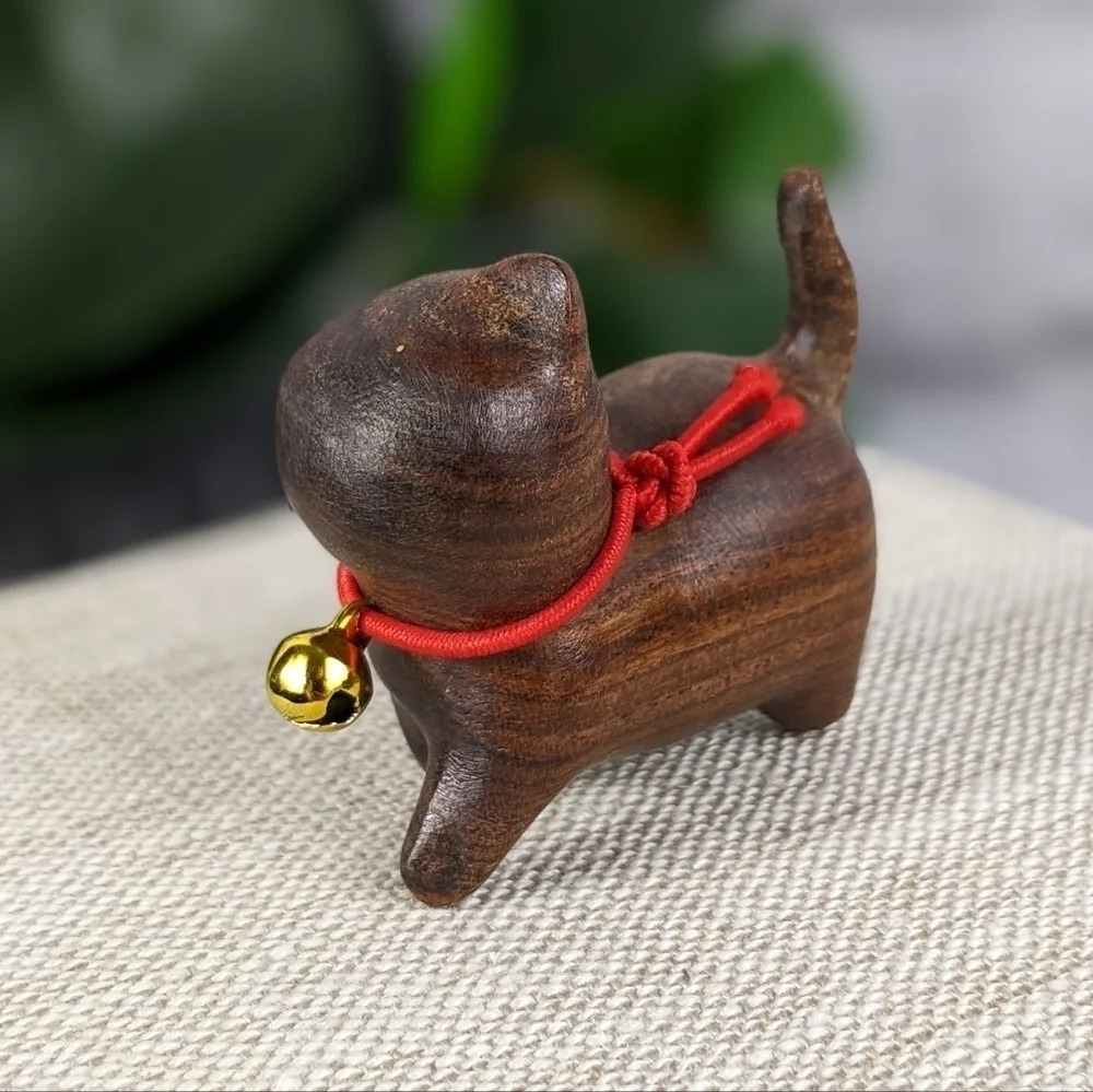 Wooden hand carved cat statue figurine kitty brown wood color, tail up prancing